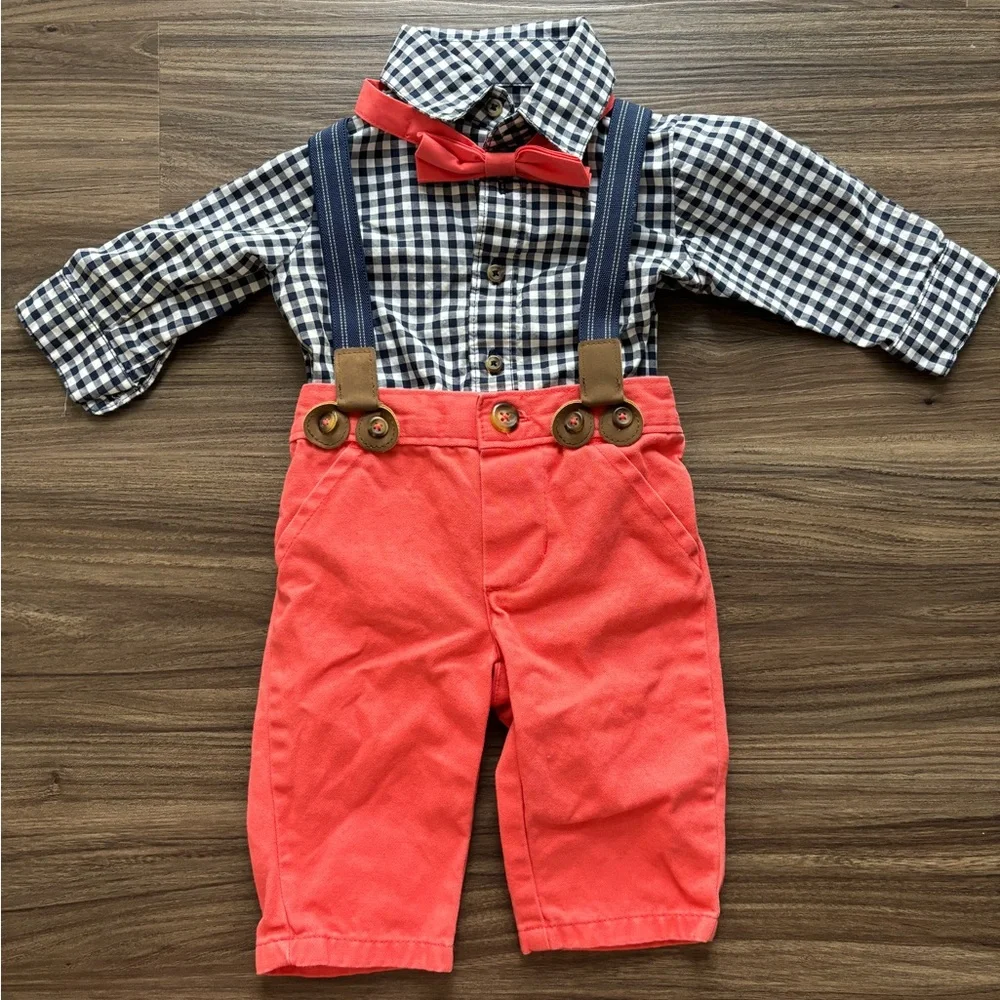 Navy Gingham Shirt Coral Pants Bow Tie Special Occasion Outfit Size 3 Months